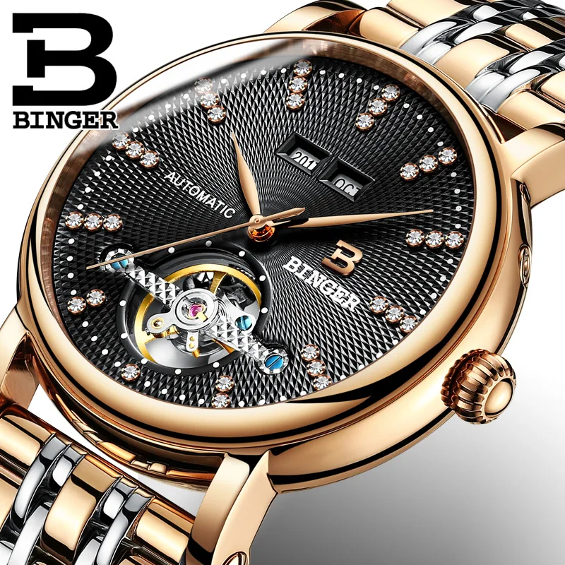 

Genuine Luxury BINGER Brand men watches automatic mechanical self-wind big dial calendar waterproof fashion casual full steel