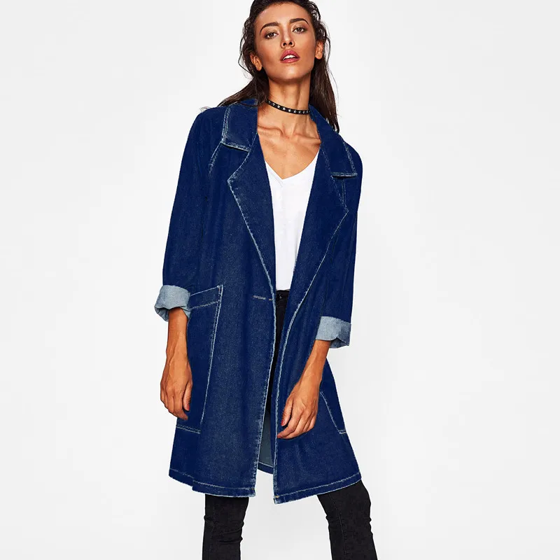 Женский джинсовый Тренч с большими карманами и отложным воротником 2019|denim trench