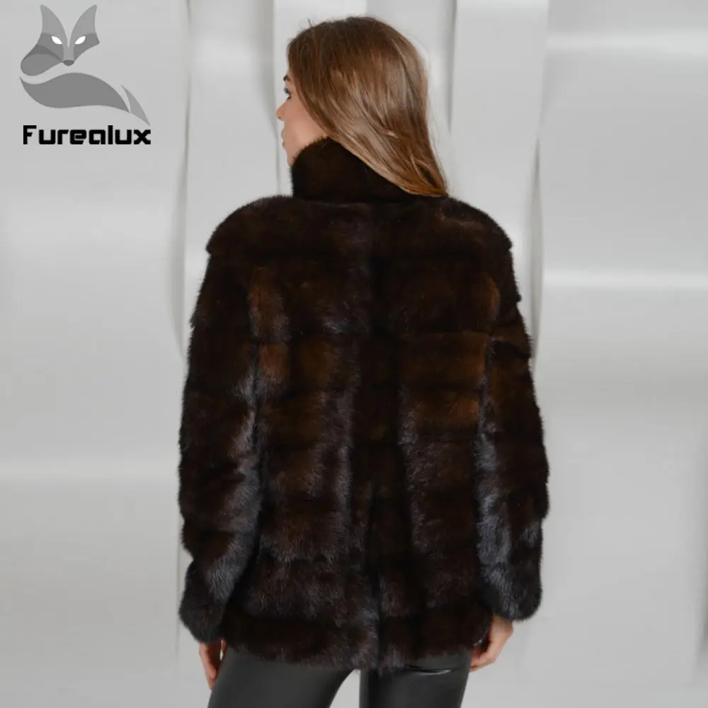 Женская Шуба с воротником-стойкой Furealux теплая зимняя шуба из натурального меха