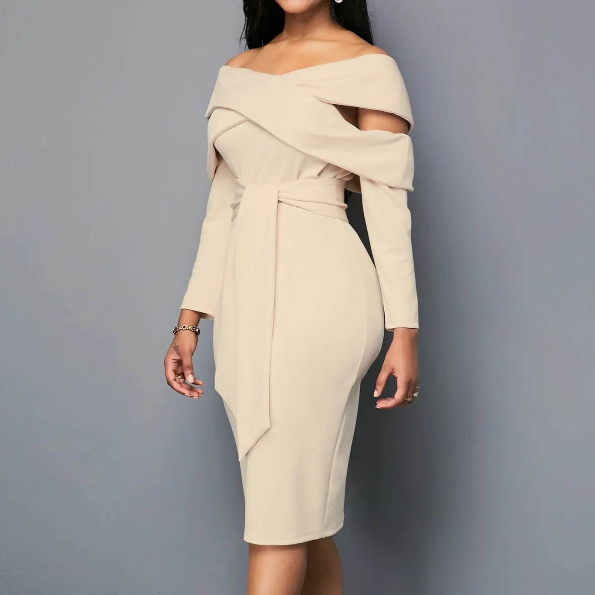 Женское облегающее платье с вырезом лодочкой Платье До Колена открытой спиной