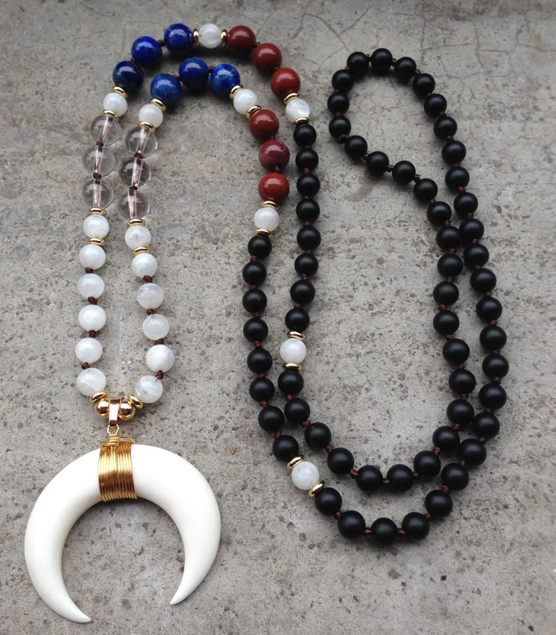 YA2435 Real Cattle Bone Moon Wire Pendant Agates Lapis Beads Knot Handmade Necklace 30inch long | Украшения и аксессуары