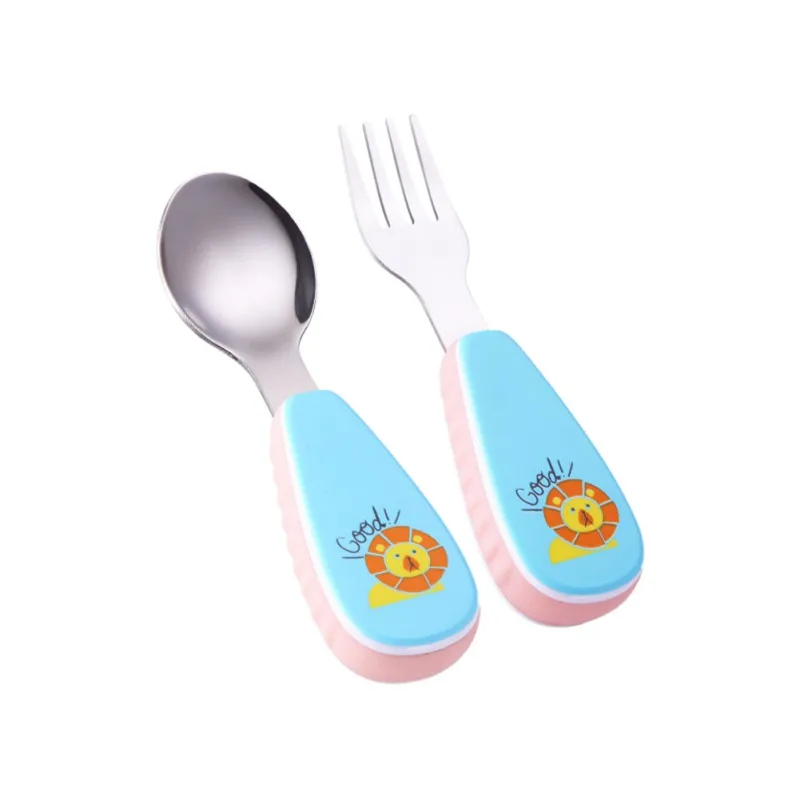 Juego de 2 unids/set de mesa para beb&eacute;, esponja de alimentaci&oacute;n con estampado encantador de dibujos animados para beb&eacute;, cuchara de alimentaci&oacute;n + tenedor, cuchara de acero inoxidable para beb&eacute; 2018-3