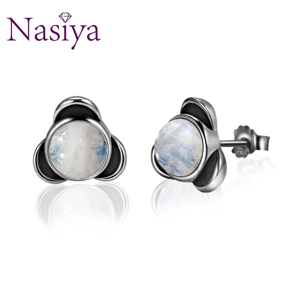 Elegant Round Natural Moonstone Stud Earrings 925 Sterling Silver Jewelry For Women Wedding Engagement Party Anniversary 14kt moissanite stud earrings white gold natural round moissanite earrings for women engagement wedding anniversary fine jewelry