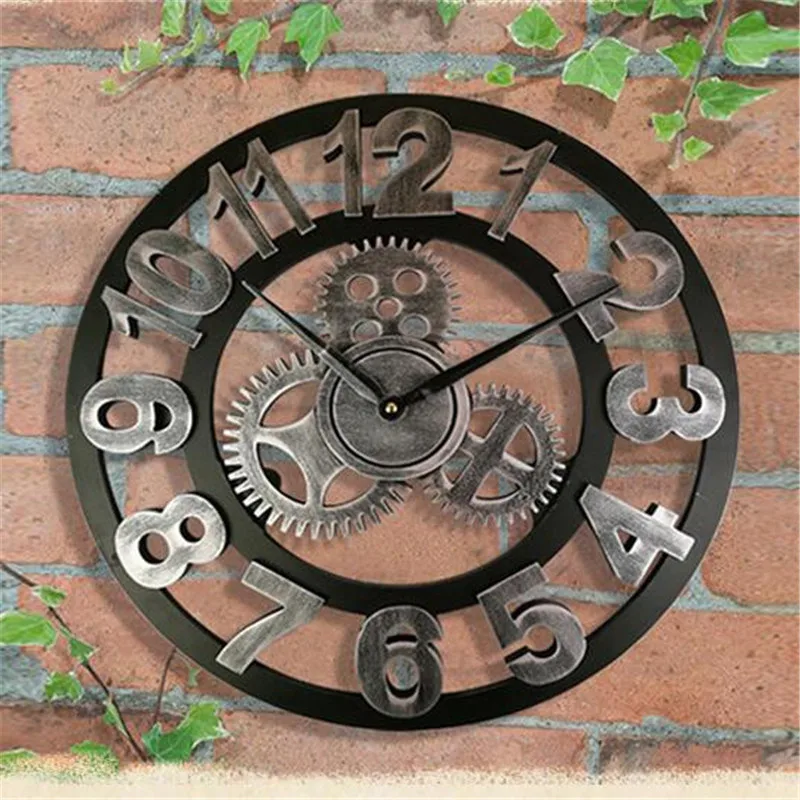 

3D Large Classic Vintage Wooden Wall Clock Retro Gear Hanging Clock Roman Numeral Horologe European style Decor Living Room