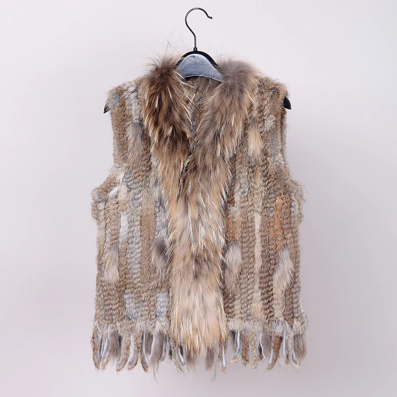 natural camel Новые цвета, женский жилет из натурального кроличьего меха, пальто с кисточками и воротником из меха енота,, Прямая поставка VR032 - Цвет: natural camel
