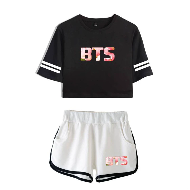 BTS костюмы женская футболка Топ из двух частей комплект 2018 мода печатных майка