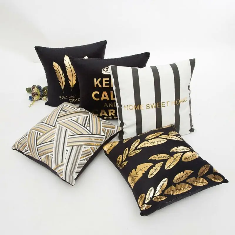 

Cushion Cover Decorative Black Gold Foil Deer Words Pillowcase Home Chair Sofa Leaf Lips Pillow Cover 45*45
