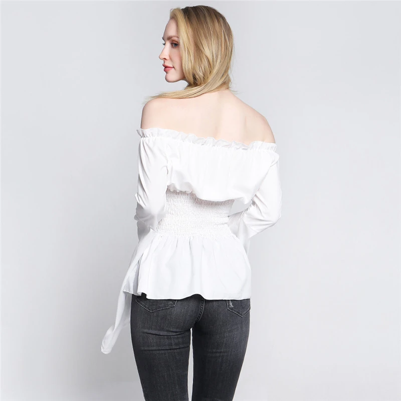 

Womens Tops And Blouses Feminine Autumn Streetwear White Off Shoulder Long Sleeve Waisted Blouse Flare Sleeve Ladies Top
