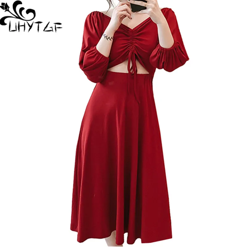 

UHYTGF 4XL Plus size dress women fashion fake two piece long dresses Lantern sleeve Spring summer dress bandage Sexy dresses1477