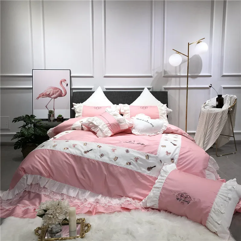 Little Daisy embroidery Bedding Sets girls Beddingset egyptian cotton Bed Linen Duvet Cover Bed Sheet Pillowcase/bed Sets 4/7pcs