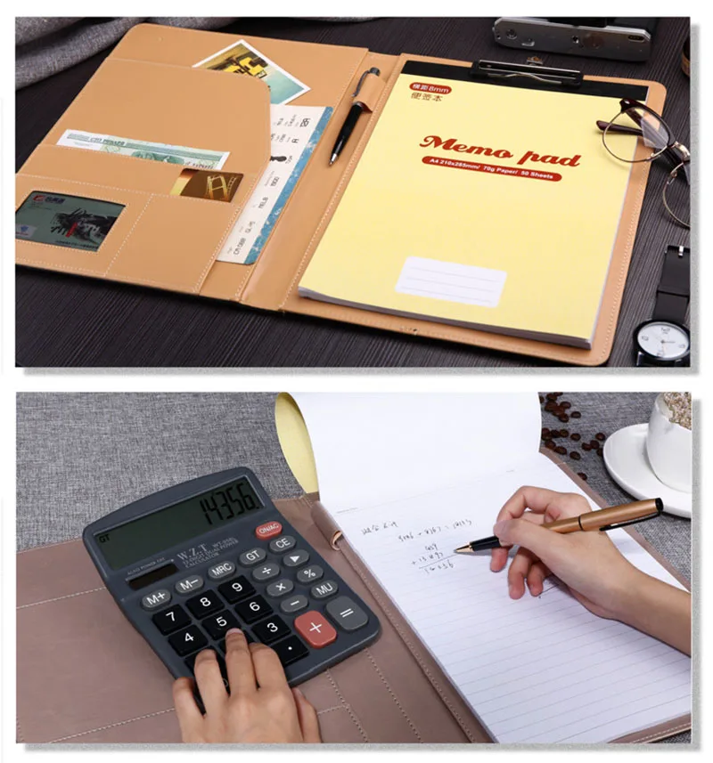 Из искусственной кожи A4 Padfolio многофункциональная бизнес папка планшет файл документов на молнии менеджер держатель Органайзер с калькулятором