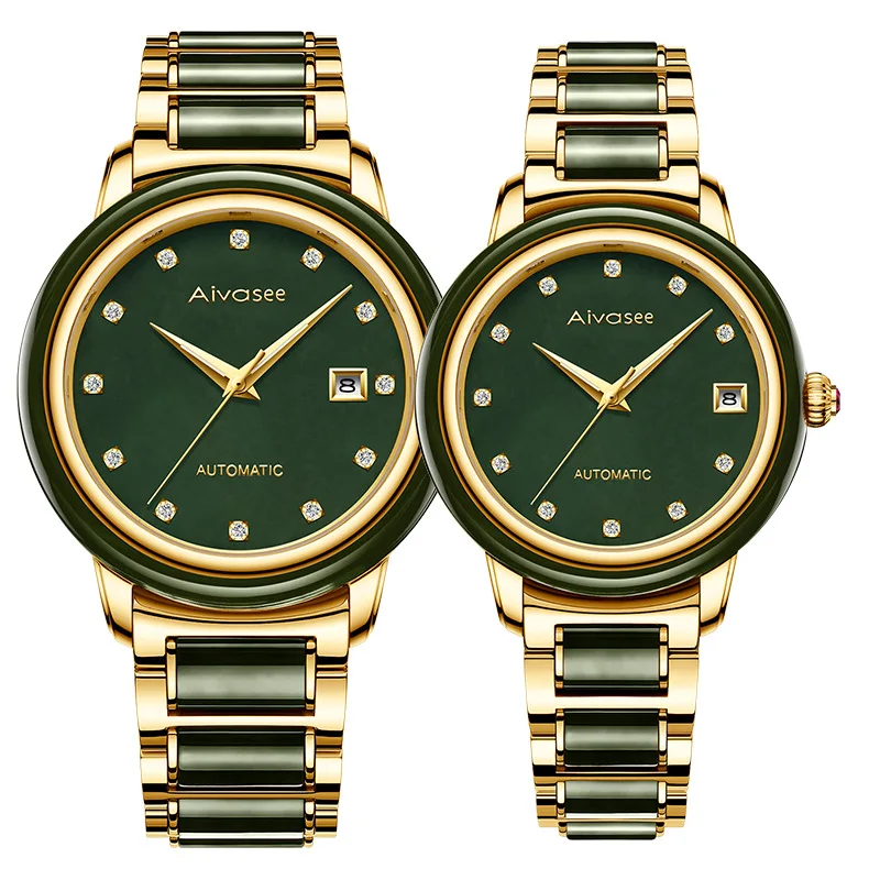 Couple Gold Steel Лучшие Роскошные нефритовые мужские часы женские часы с календарем Модные Ретро Парные Нефритовые полностью автоматические механические наручные часы водонепроницаемые - Цвет: Couple Gold Steel