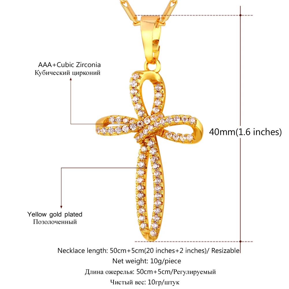 U7 Крест Кулон Ожерелье Для Женщин Ювелирные Изделия Позолоченный Циркон Крестик