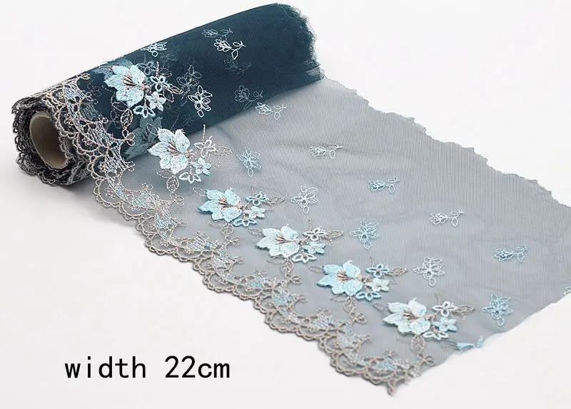Изысканная вышитая кружевная отделка голубая ткань качественная лента