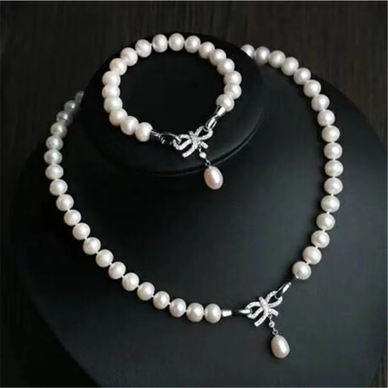 

natural freshwater cultured white pearls 8-9 mm necklace19inches bracelet 8 inches sets Good quality The butterfly clasp