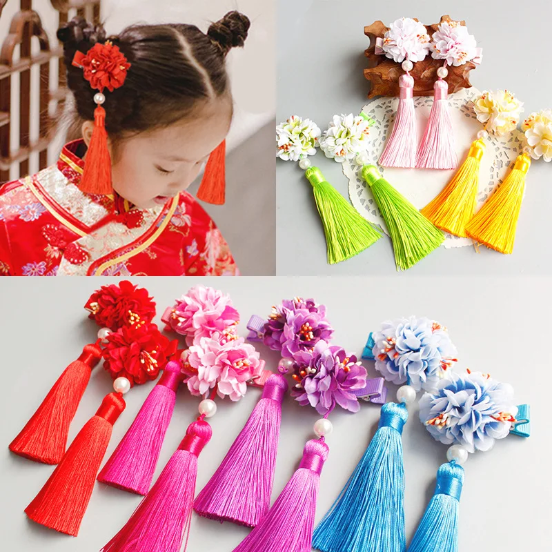 2PCS/Lot Chinese Princess Colorful Simulation Flower Long Tassels Headbands Hair Clips Girls Hair Ornament Cute Hair Accessories