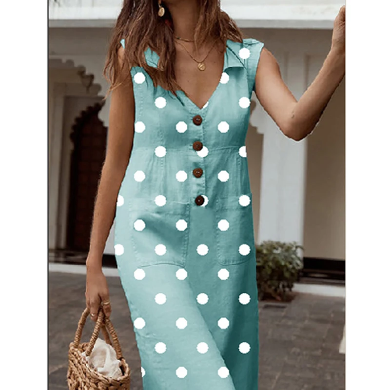 2019 женское Повседневное платье в горошек с пуговицами и карманами сексуальное