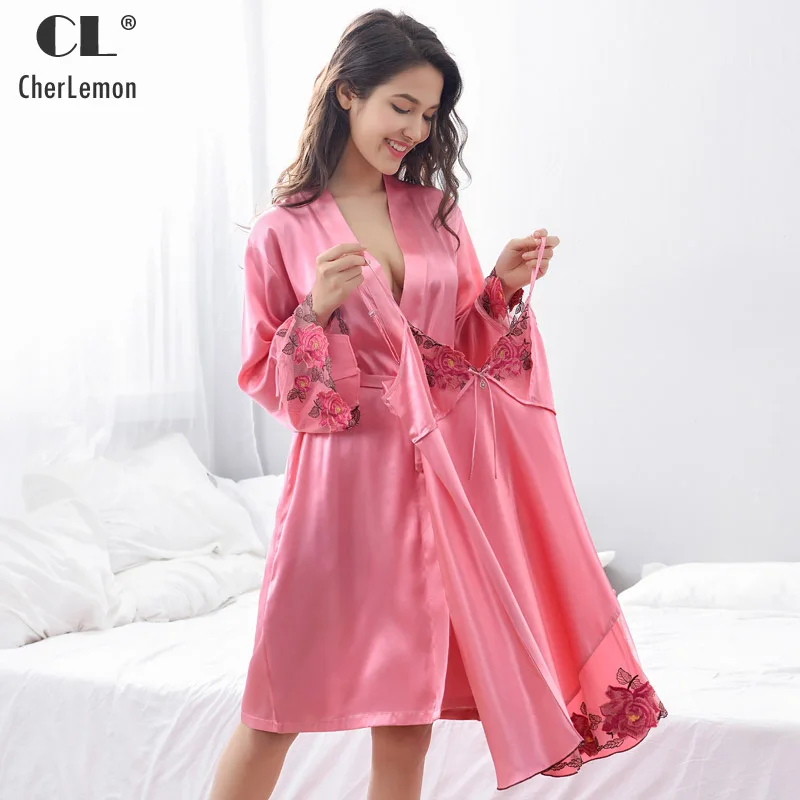 CherLemon Sexy Satin Robe платье Набор пижамы женские роскошные с кружевной отделкой халат и
