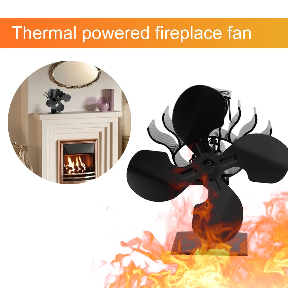 Бесшумный черный 4-Лопастной камин вентилятор для печи работающий от тепловой