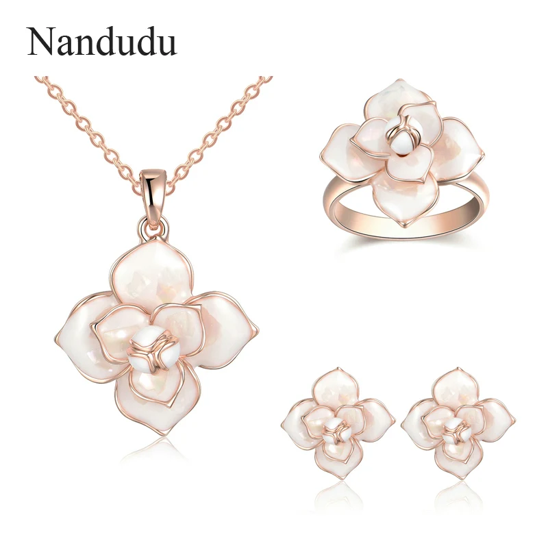 Nandudu Chic Мода цветок кулон цепочки и ожерелья кольцо серьги Ювелирные наборы для