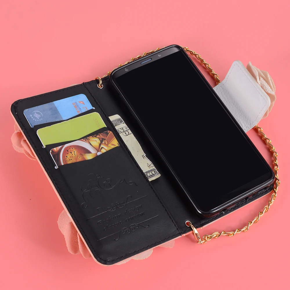Кожаный чехол книжка Sunjolly с цепочкой и розой кошелек подставкой для Samsung Galaxy S9 S8