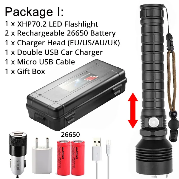 Option I Самый мощный светодиодный фонарик XHP70.2, фонарик с USB зумом, светодиодный фонарь, лампа XHP70 XHP50.2, аккумулятор 18650, лучше всего подходит для активного отдыха - Испускаемый цвет: Option I