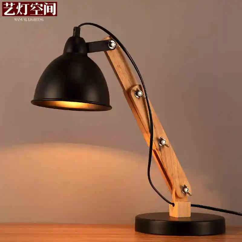 Northern Europe Loft Style Wrought Iron Rotatable Table Lamp Wood Art Fold Bedside Light Bedroom Study Free Shipping | Лампы и