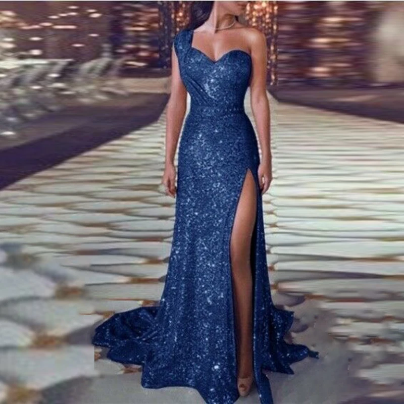 Женское платье на одно плечо без рукавов блестящее Сплит макси вечерняя