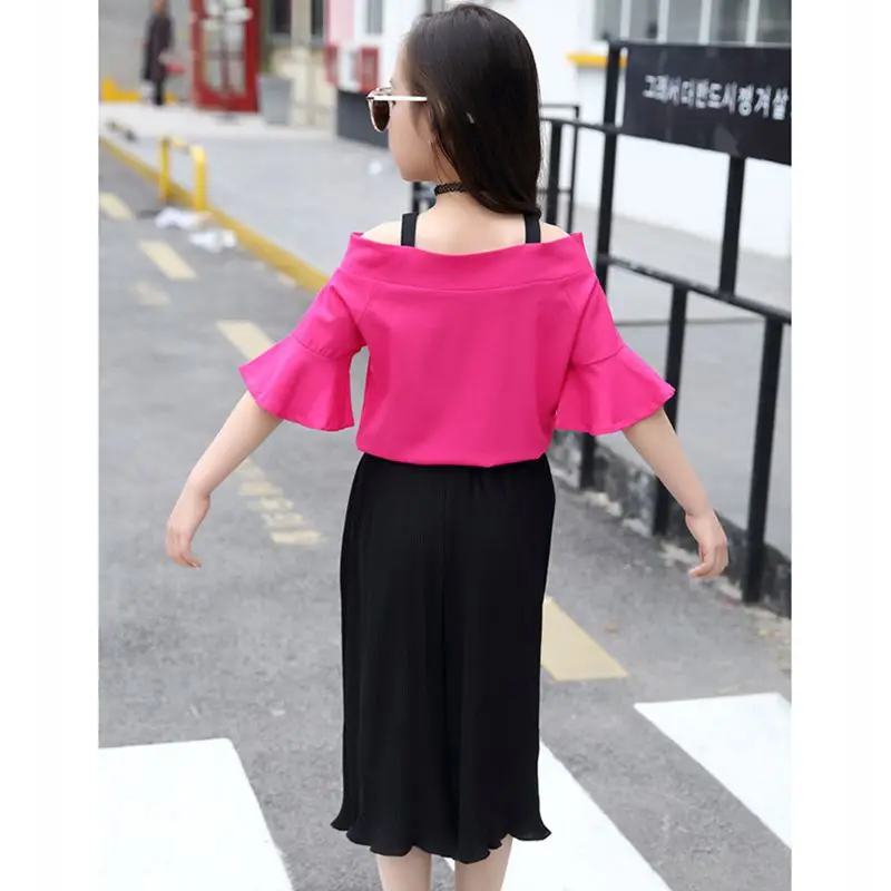 2017 детская одежда девушки летом новый костюм a слово плечо топы + широкие Брюки