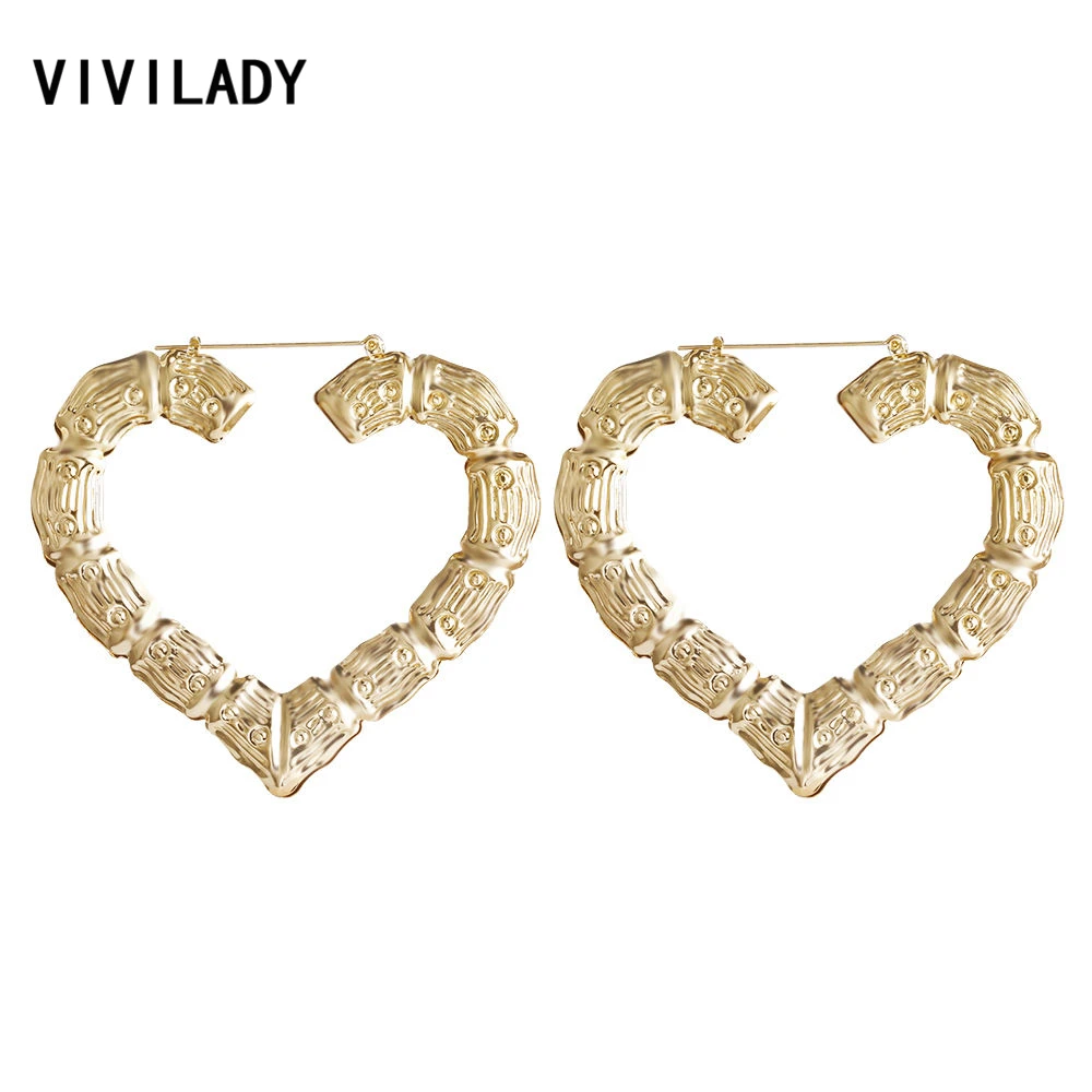 

VIVILADY Big Large Bamboo Heart Hoop Earrings Women Gold Silver Color Basketball Wives Statement Brincos Boho Jewelry Party Gift