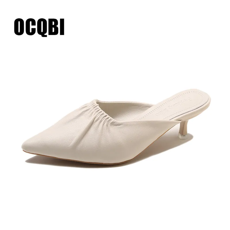 beige Женские шлепанцы на шпильке с острым носком; цвет розовый, красный; модные элегантные женские туфли без задника на низком каблуке; сезон лето; zapatos Mujer; шлепанцы без задника - Цвет: beige