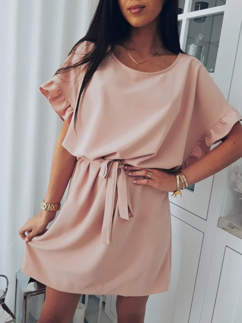 

2018 New Fashion Women's Casual O-Neck Batwing Sleeve Ruffled Belt Dresses Elegant Loose Dress Ladies Beach Mini Female Vestidos