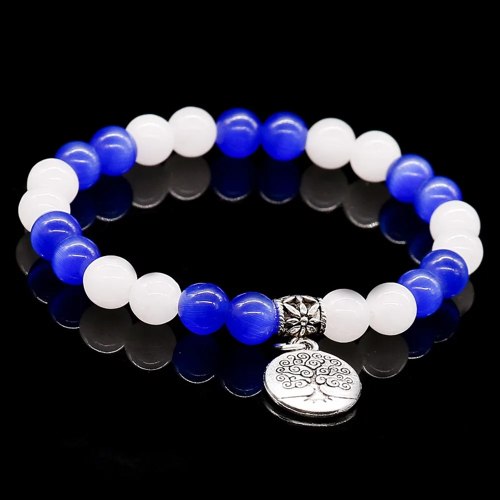 Голубой опал натуральный бисер браслеты белый халцедон эластичная линия браслет