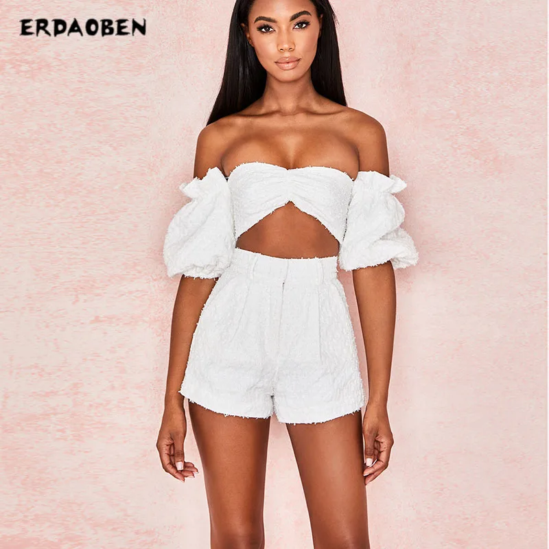 

ERDAOBEN Biker Shorts Women Set Sexy Short Pants Women Tracksuit Summer Style 2 Piece Set off shoulder short sleeve H6201