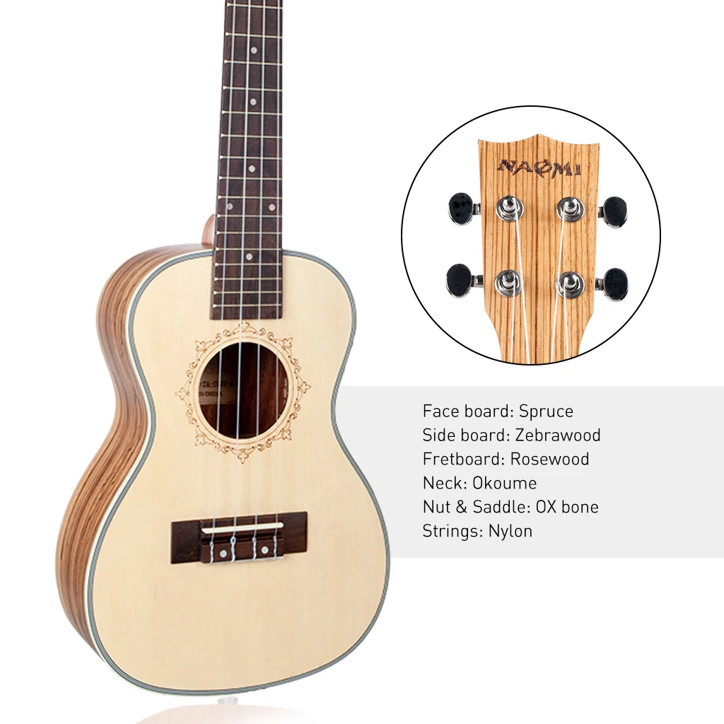 

NAOMI Ukulele 23 Inch Ukulele Solid Spruce Top Zebrawood Back Mahogany Ukulele 4 String Hawaii Guitar Concert Ukulele NEW