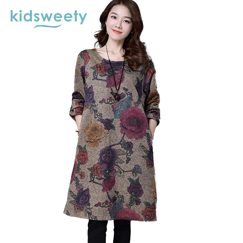 Kidsweety женские платья из хлопка и льна с длинными рукавами круглым вырезом в