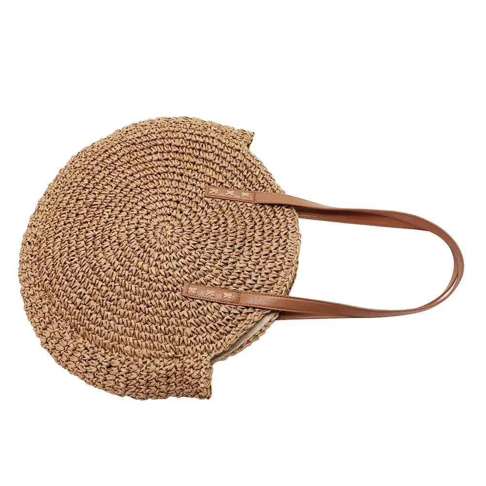 Круглая плетеная вручную женская сумка на плечо богемная летняя Соломенная
