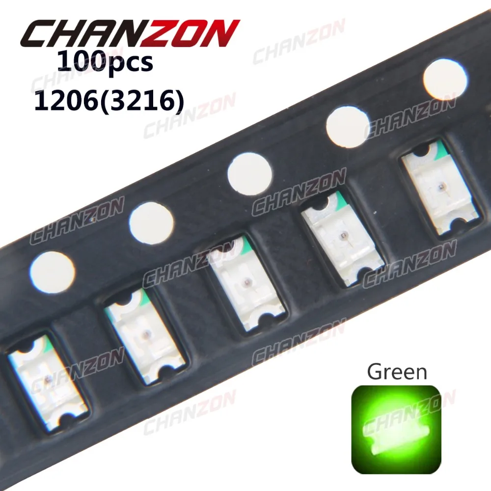 100 шт. SMD 1206 (3216) LED чип диодный зеленый 20 мА постоянный ток 3 В светоизлучающая