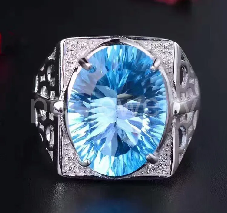 Мужское кольцо с натуральным голубым топазом 12*16 мм 14 карат|gem silver ring|gem ringsgem rings for
