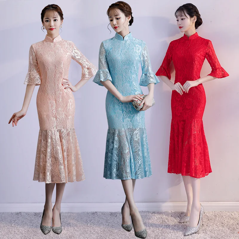 

Sexy 2019 Spring Chinese Womens Lace Cheongsam Novelty Lady Dress Qipao Slim Party Dresses Lady Button Vestido Flowers S-XXL