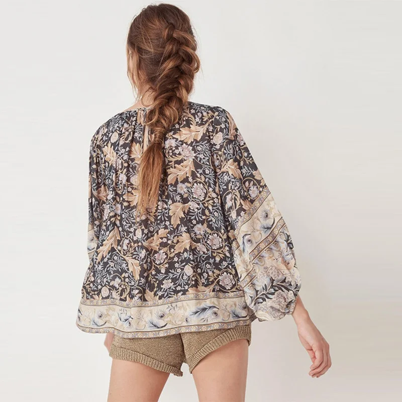 Женская блузка в стиле бохо с v образным вырезом и цветочным принтом свободная