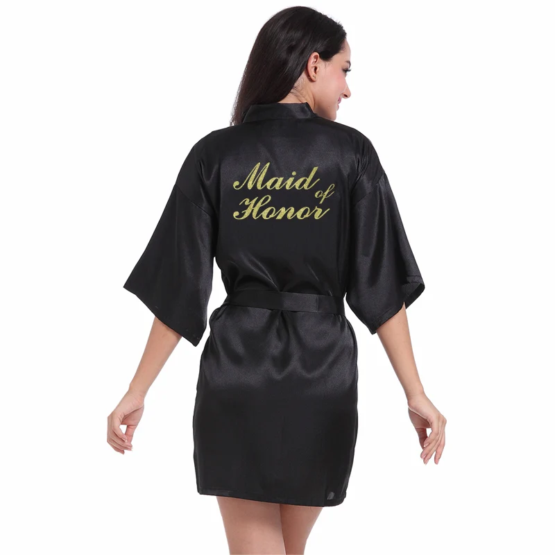 Black Maid of Honor RB91 Модный Шелковый халат для матери с золотыми буквами, сексуальный женский короткий атласный свадебное кимоно, одежда для сна - Цвет: Black Maid of Honor