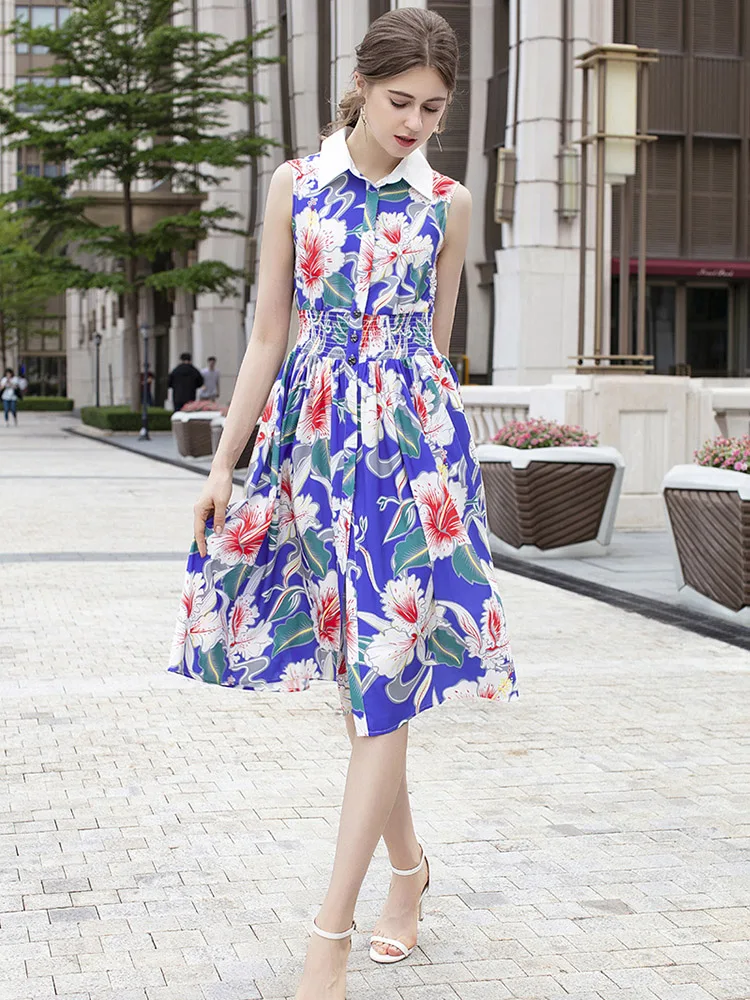 Высокое качество 2019 новые летние женское платье темперамент Цветочный Принт без