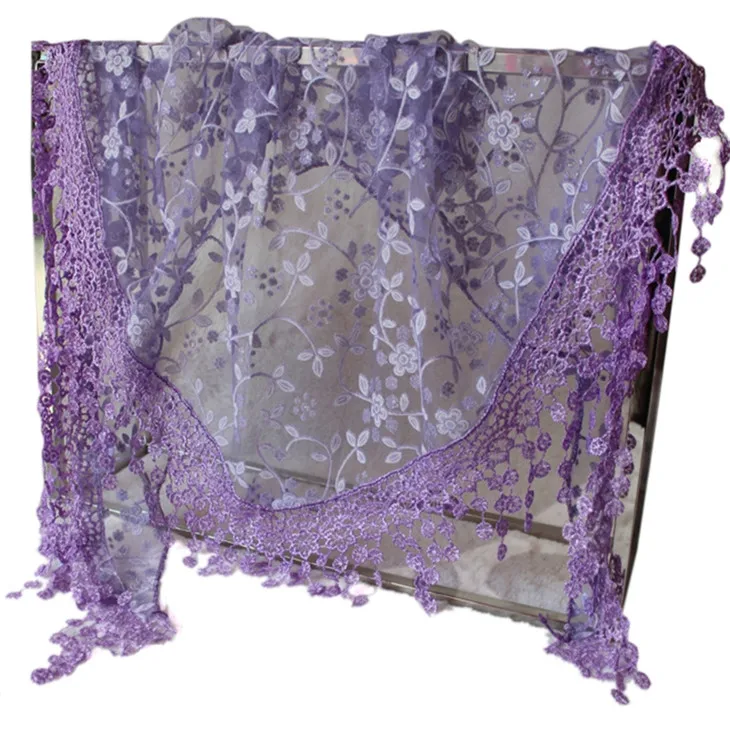Purple Женские кружевные прозрачные цветочные треугольные вуали церковная Мантилья шарф шаль обертывание кисточкой - Цвет: Purple