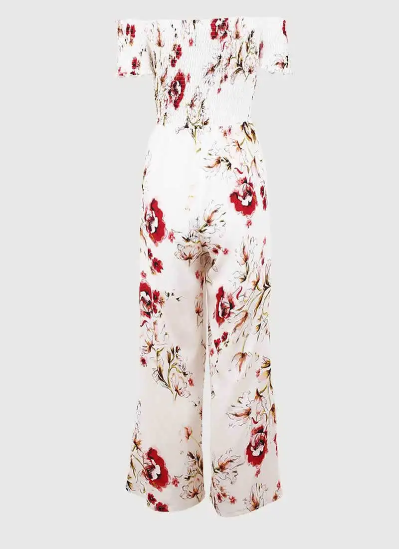 

2019 Printed Woman Long Jumpsuit Fashion Shivering Boat Neck Slim Top Loose Leg Bodysuit Woman Summer Floral Casual Jumpsuit