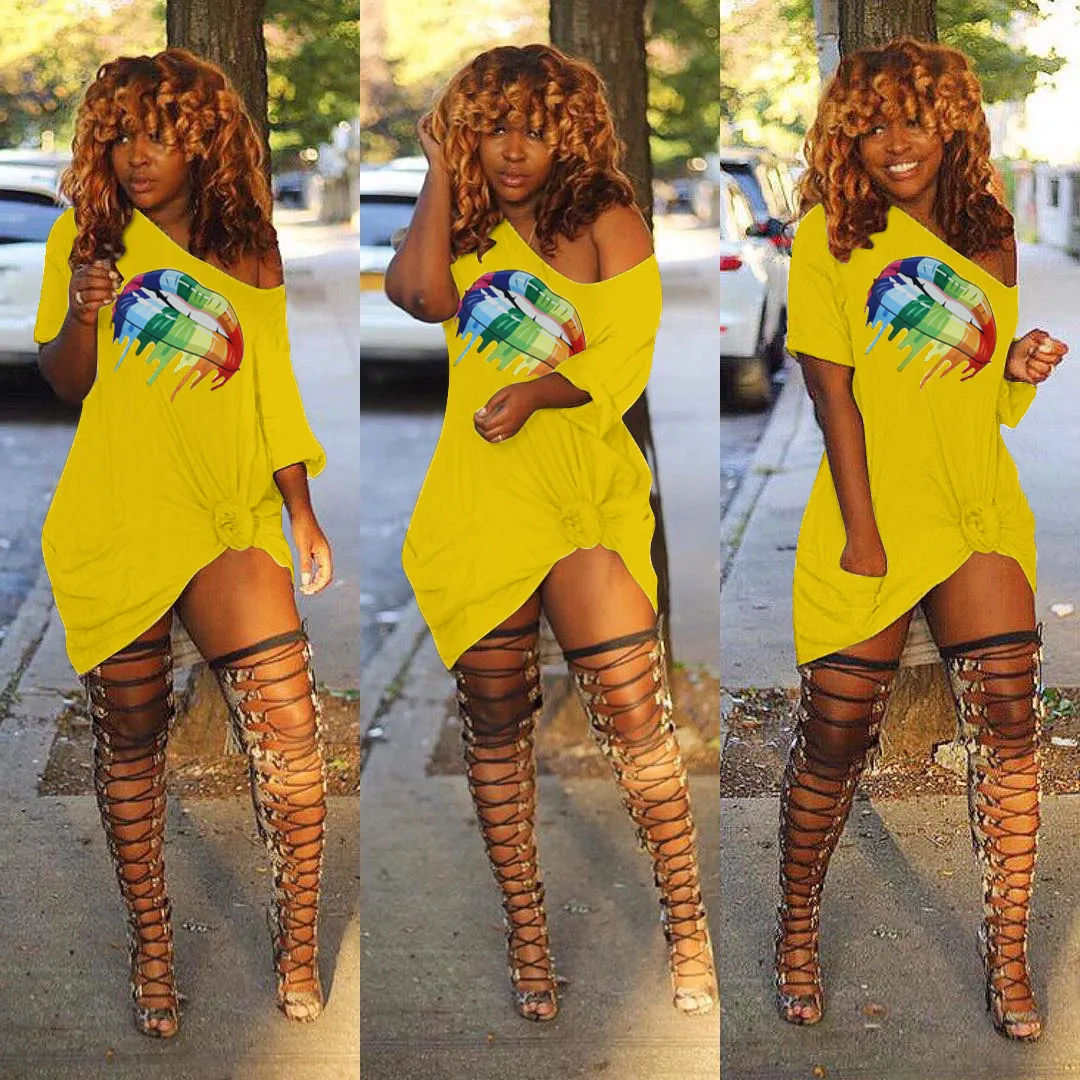 

2019 New Women Loose Dress Summer Sexy Off Shoulder Painting Lip Mouth Print Casual Dress Vestidos Mini Dress Plus Size S-3XL