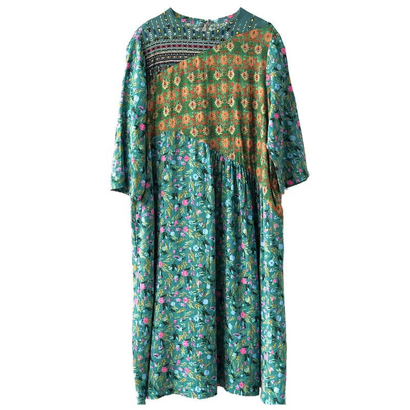 Jiqiuguer Pastoral Floral Dress Loose Ethnic Print Patchwork Long Pullover Comfortable Fabric Dresses G191Y030 | Женская одежда