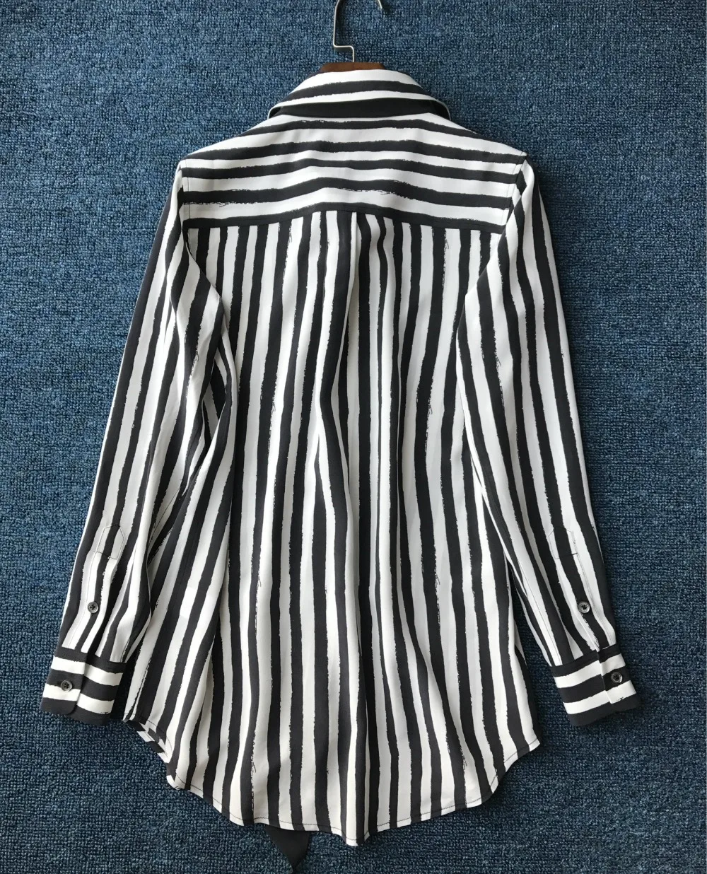 

100% Silk Women Long Sleeve Fashion Ribbon Neck Striped Blouse Shirt