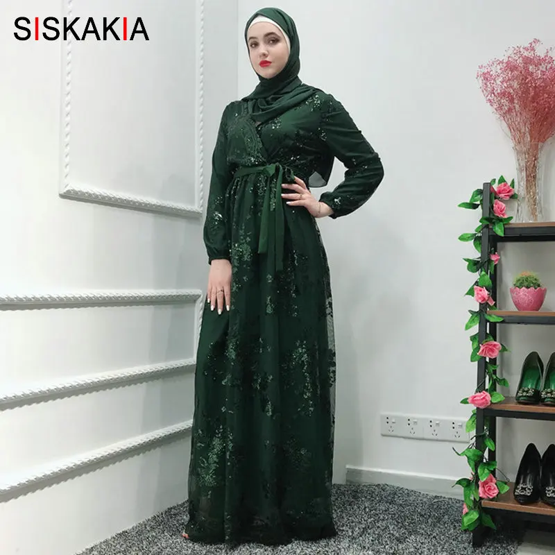 Green abaya Модная мусульманская абайя платье металлический цвет высокого класса Кружева Горячая печать Дубай халат арабский ислам элегантное вечернее платье осень - Цвет: Green abaya