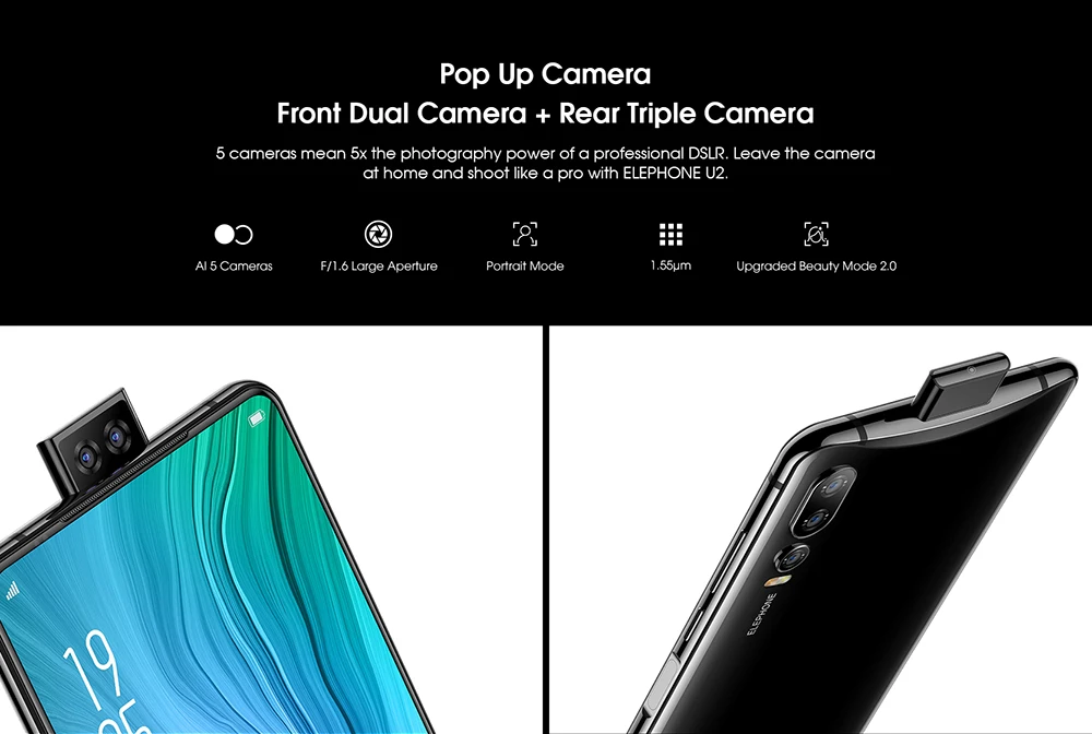 Смартфон ELEPHONE U2 4G, 6,26 дюймов, Android 9,0, 6 ГБ ОЗУ, 128 Гб ПЗУ, 16 МП, 5 Мп, 2 МП, всплывающие камеры, встроенные мобильные телефоны емкостью 3250 мАч